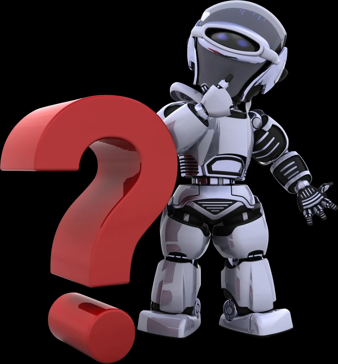 Robot thinking beside a large question mark