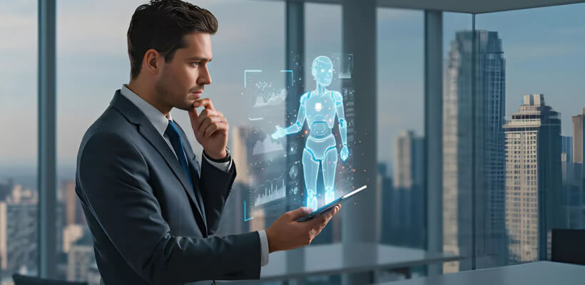 Professional reviewing AI holographic analytics — autonomous intelligence for business